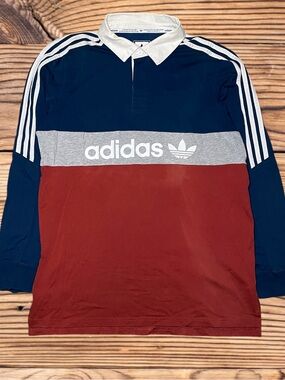 ADIDAS Mens Large Polo Shirt Long Sleeve Rugby Blue Red Henley Stripes Soccer